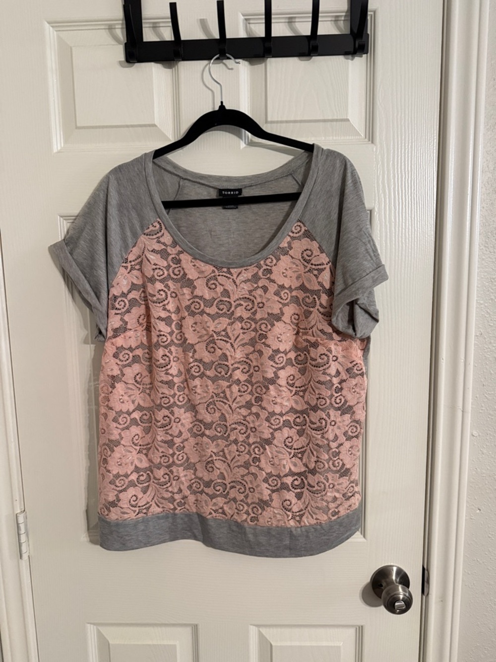 torrid Pink Lace Front Raglan Short Sleeve Top with Gray Accents
